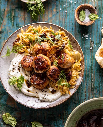 One Skillet Greek Meatballs and Lemon Butter Orzo with Whipped Feta