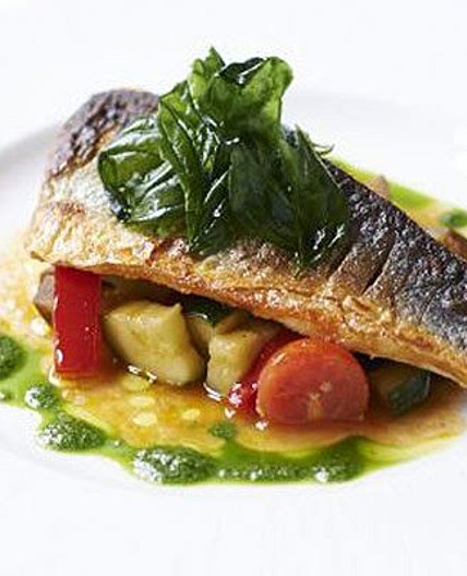 Pan-fried sea bass with ratatouille & basil