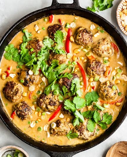 Cilantro Chicken Meatballs in Mango Coconut Sauce