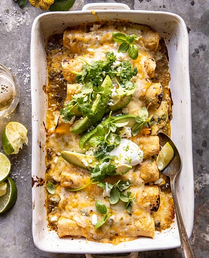 Sheet Pan Cheesy Poblano Corn Enchiladas