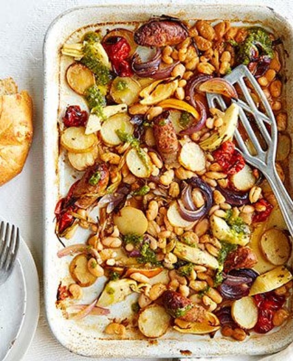 Potato, pesto & sausage traybake