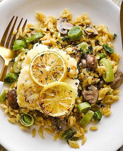 Baked cod with creamy mushroom & leek orzo