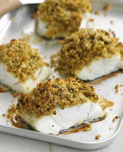 Pesto & olive-crusted fish