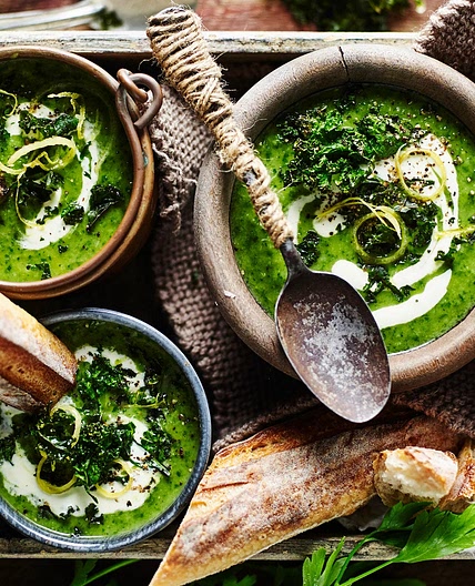 Broccoli and kale soup with lemon creme fraiche