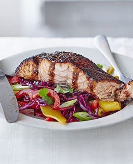 Sticky jerk salmon with mango slaw