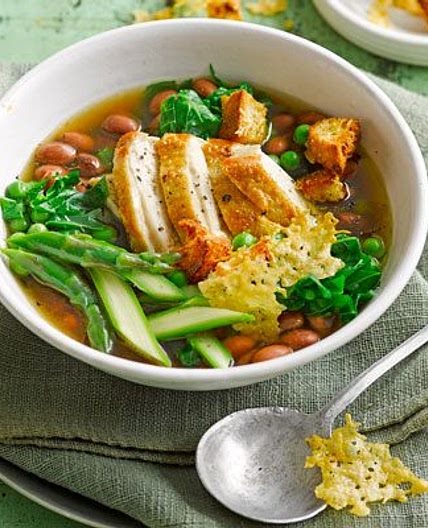 Spring vegetable broth with shredded chicken