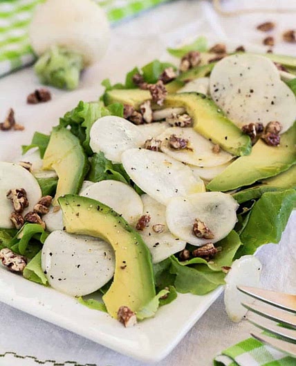 Hakurei White Salad Turnips with Avocado and Candied Pecans