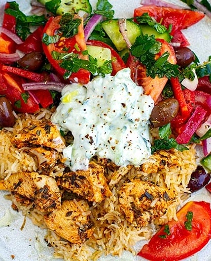 Instant Pot Chicken Souvlaki Rice With Greek Salad & Tzatziki