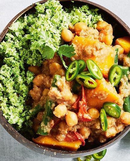 Coconut chickpea curry with broccoli rice