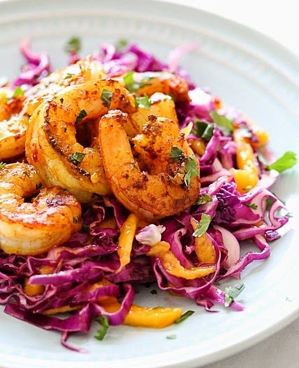 Turmeric Garlic Shrimp with Cabbage-Mango Slaw