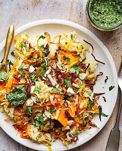 Carrot pilaf with coriander chutney