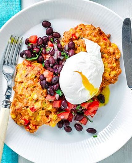 Sweetcorn fritters with eggs & black bean salsa