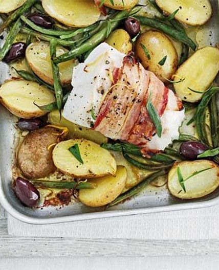 Pancetta-wrapped fish with lemony potatoes
