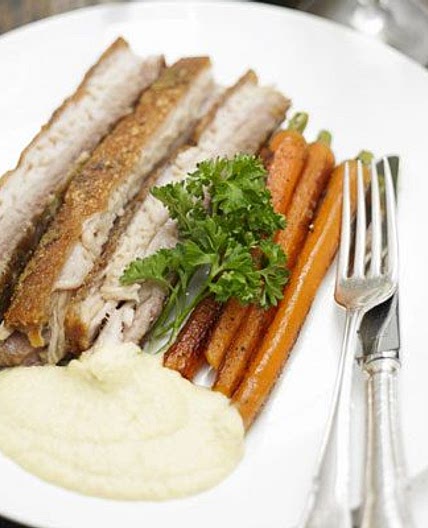 Twice-cooked pork belly with an onion & apple velouté