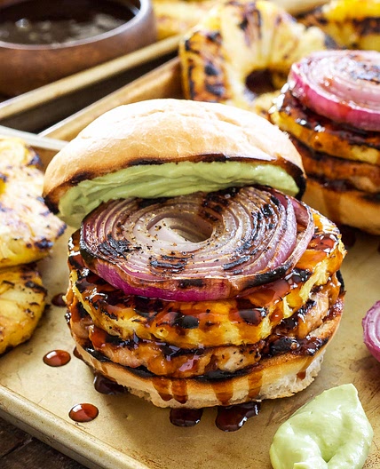 Teriyaki Turkey Burgers with Grilled Pineapple and Onions