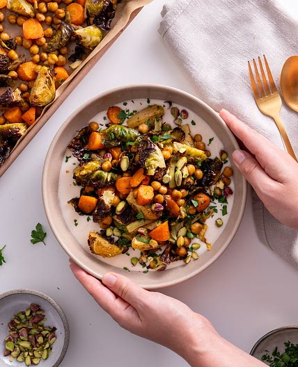 Sweet and Spicy Roasted Veggies on a White Bean Spread