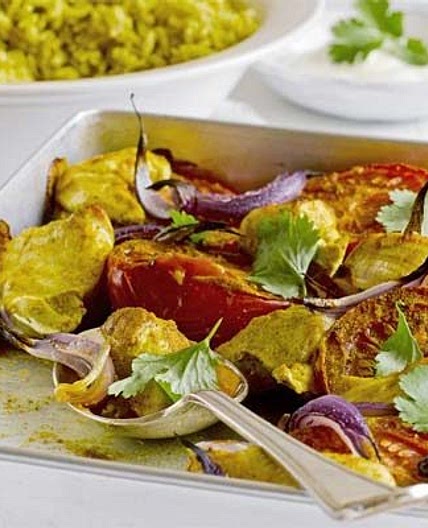 Baked chicken masala with almond pilaf