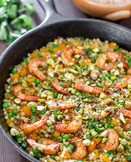 One Pot Couscous with Shrimp and Peas