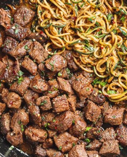 Garlic Butter Steak Bites with Lemon Zucchini Noodles