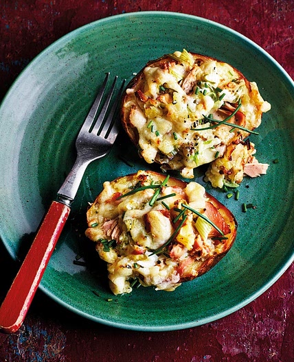 Baked potato with tuna melt topping