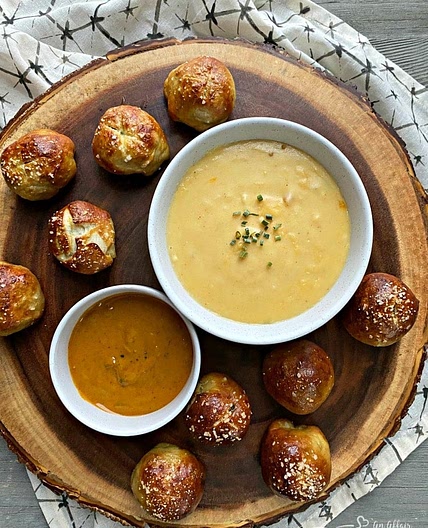 Sausage Pretzel Bombs with Mustard Cheese Sauce