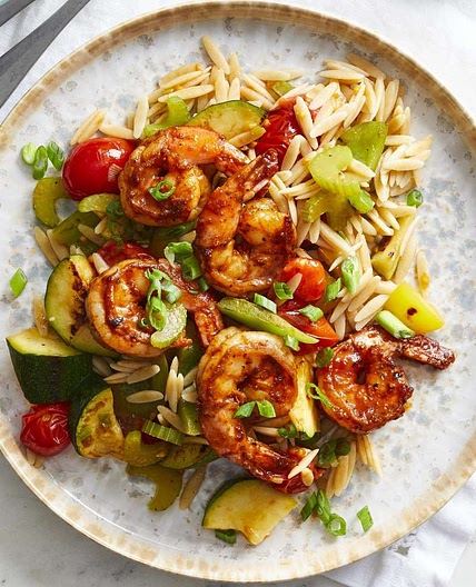 Peppery Barbecue-Glazed Shrimp with Vegetables & Orzo