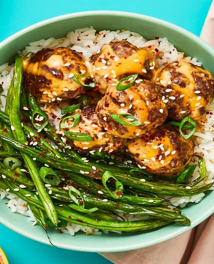 Firecracker Meatballs with Roasted Green Beans & Sesame Rice