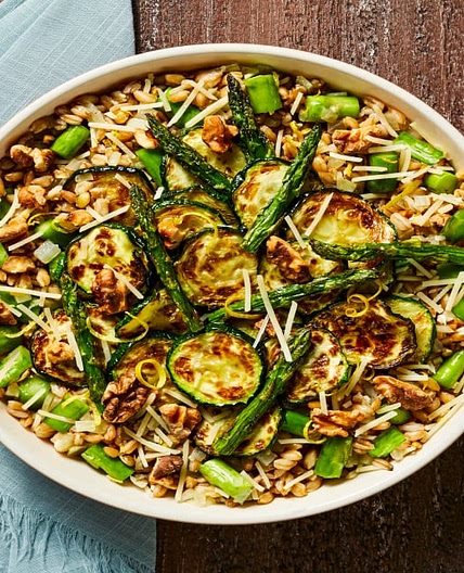 Gorgeous Greens Farro Bowl with Roasted Zucchini & Asparagus