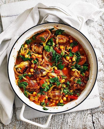 Quick sausage casserole with tomato and chickpeas