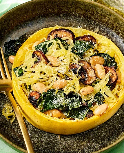 Spaghetti Squash Nests with Kale, White Beans & Mushrooms