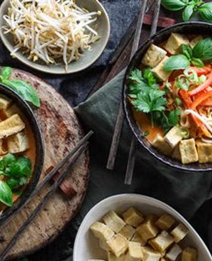 Thai Red Curry Noodle Soup with Crispy Tofu