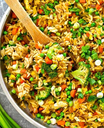 Rainbow Vegetarian Fried Orzo Skillet