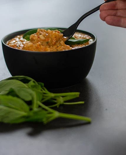 Red pepper, basil, walnut and goat's cheese risotto