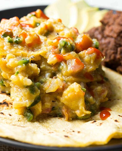 Tex-Mex Migas With Scrambled Eggs, Tortilla Chips, and Chilies Recipe