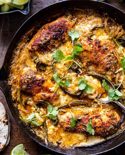 One Skillet Cheesy Green Chile Chicken