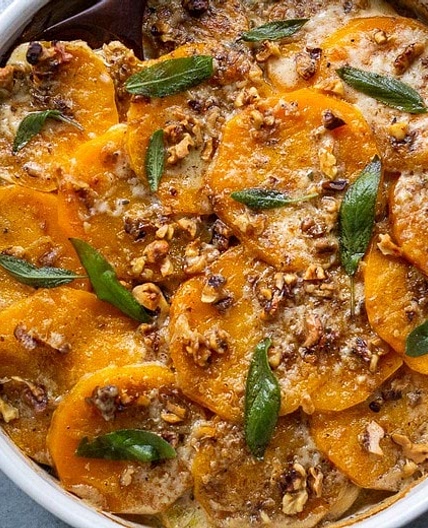 Butternut Gratin with Leeks, Sage and Walnuts