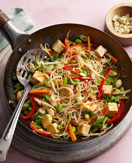 Healthy stir-fry with tofu and rice noodles