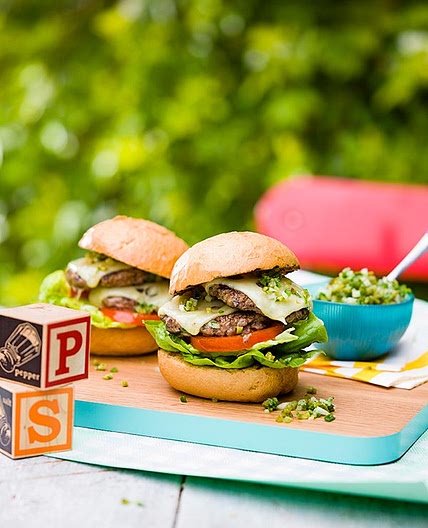 Double-swiss and green chilli relish burgers