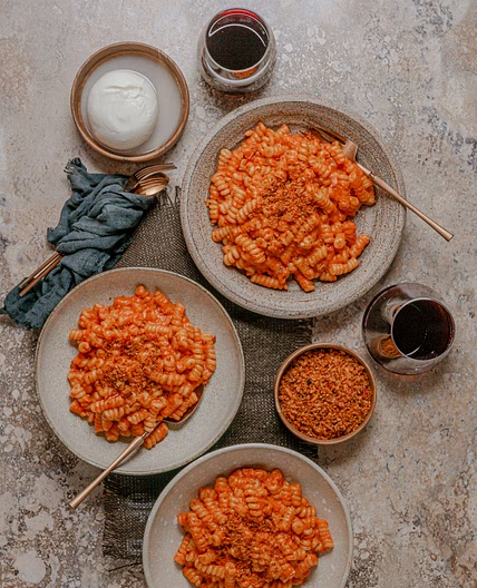 Roasted pepper alla vodka pasta with spicy breadcrumbs