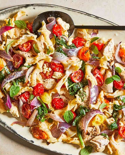 Sheet Pan Baked Chicken, Feta, Tomatoes, and Kale with Pasta