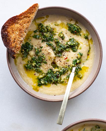 Cauliflower Soup with Green Olive Salsa Verde
