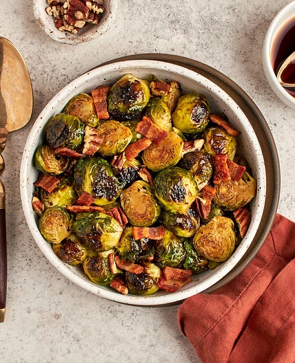 Roasted Brussels Sprouts with Bacon, Pecans & Maple Syrup