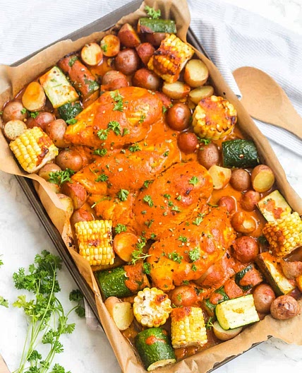 Sheet Pan Roasted Red Pepper Chicken and Vegetables