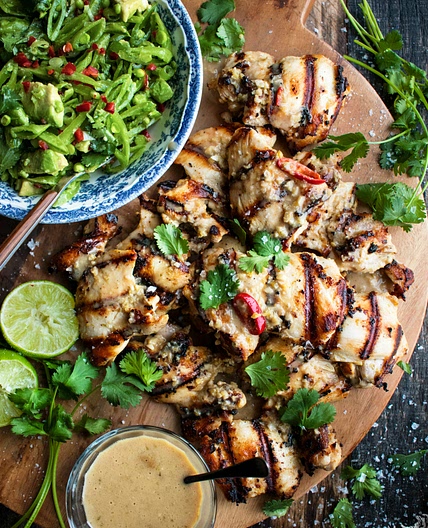 Grilled Coconut Chicken with Snap Pea Salad