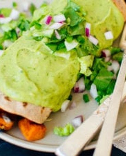 Sweet Potato Burrito Smothered in Avocado Salsa Verde