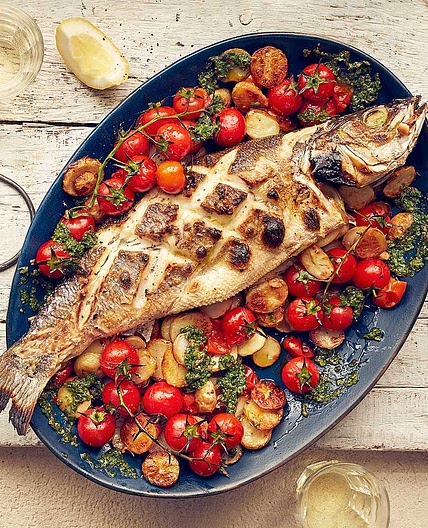 Whole baked fish with watercress & chilli salsa