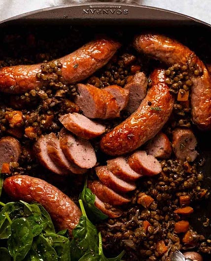 One-pan baked sausage & lentils