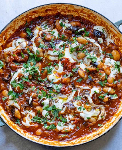 Zaalouk Beans with a Pistachio Tofu Crumb