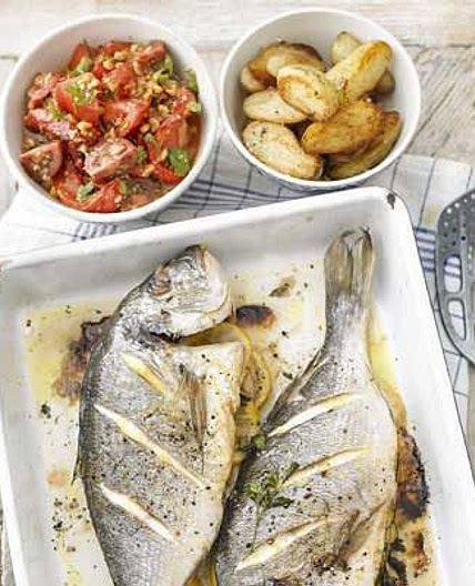 Roast whole fish with salsa romesco