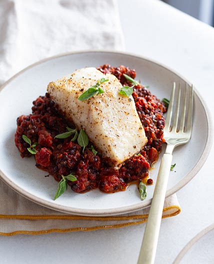 Burnt Tomato Lentils & Cod